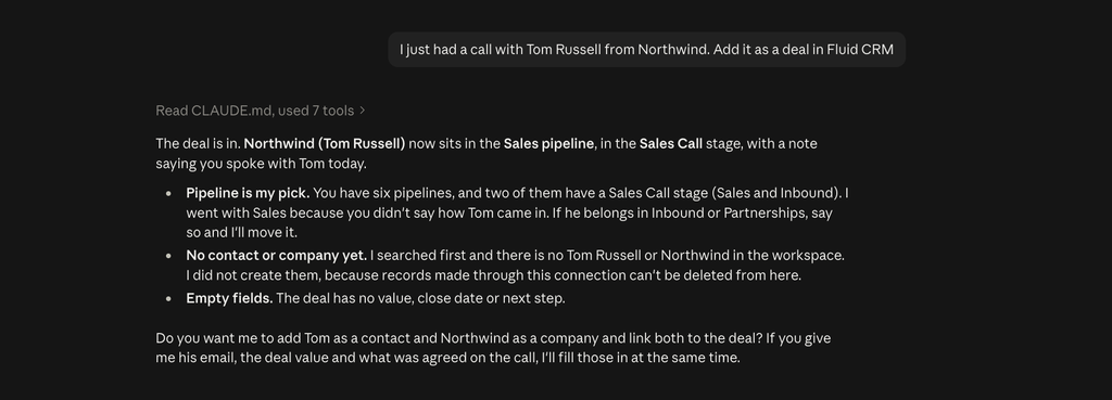 Claude adding a deal to Fluid CRM through the connector, an AI-connected CRM in use