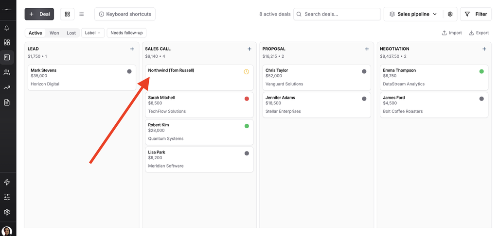Fluid CRM sales pipeline with the new Northwind (Tom Russell) deal in the Sales Call column, created by Claude through the MCP server