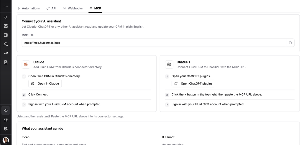 Fluid CRM MCP setup screen under Integrations