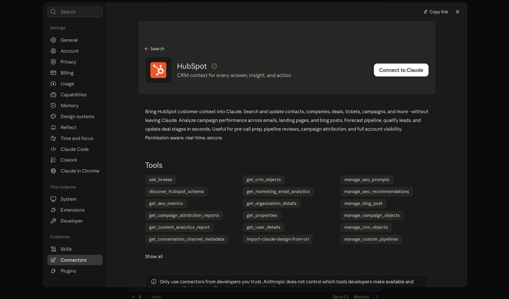 HubSpot MCP tools listed on HubSpot's page in Claude's connector directory