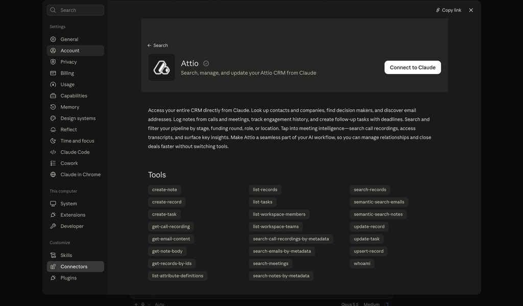 The 23 Attio MCP tools listed on Attio's page in Claude's connector directory