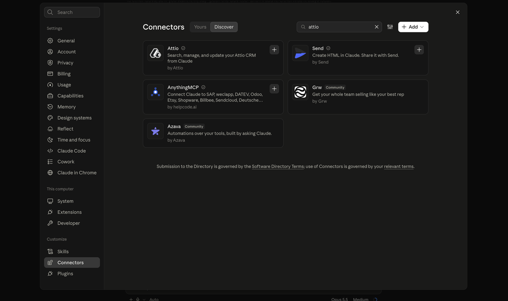 Attio's page in Claude's connector directory with the Connect to Claude button