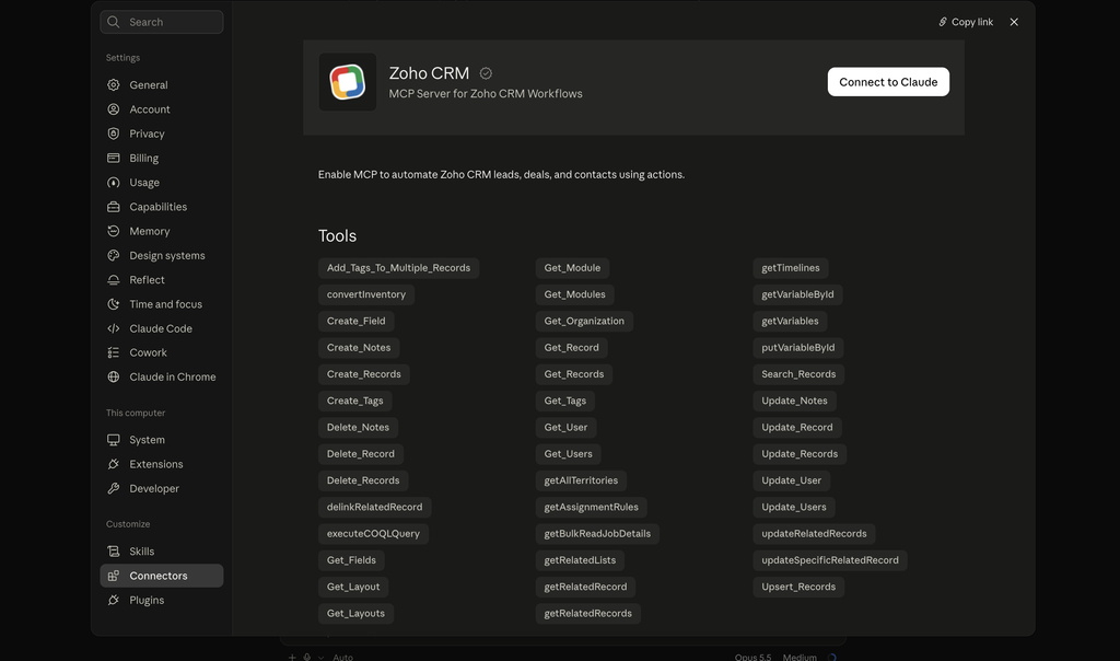 The 41 Zoho CRM MCP tools in Claude's connector directory, including three delete tools
