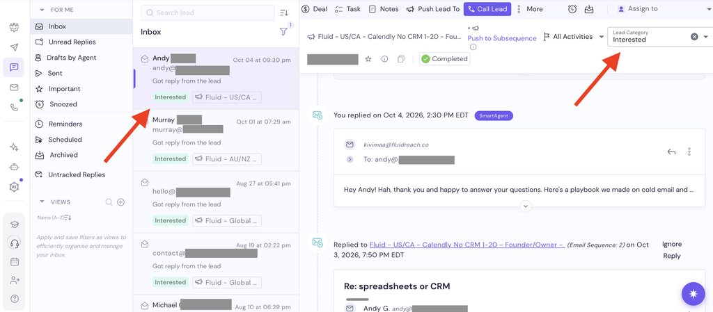 Smartlead inbox with a cold email reply marked Interested in the lead category