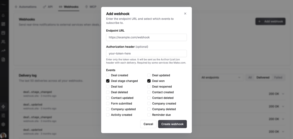Add webhook window in Fluid CRM with Deal stage changed and Deal won selected