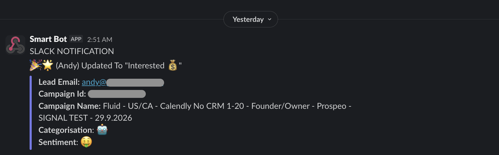 Slack notification for a lead updated to Interested, sent by an automation