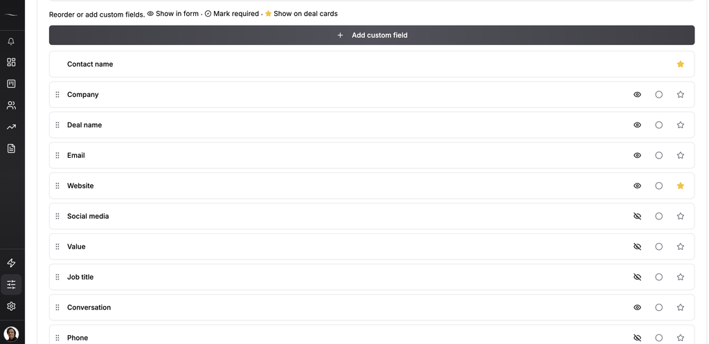 Fluid CRM custom field settings with unused deal fields hidden