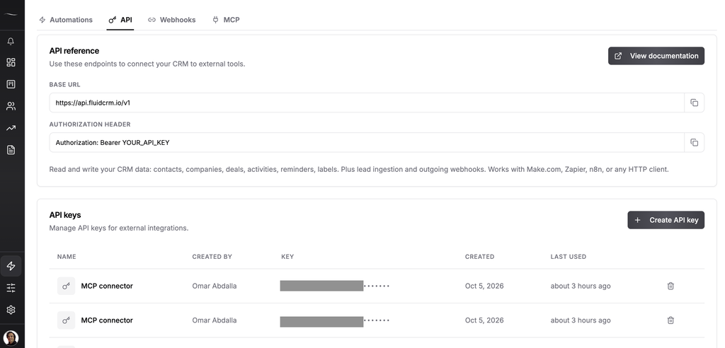 Fluid CRM API settings showing the base URL, authorization header and API keys
