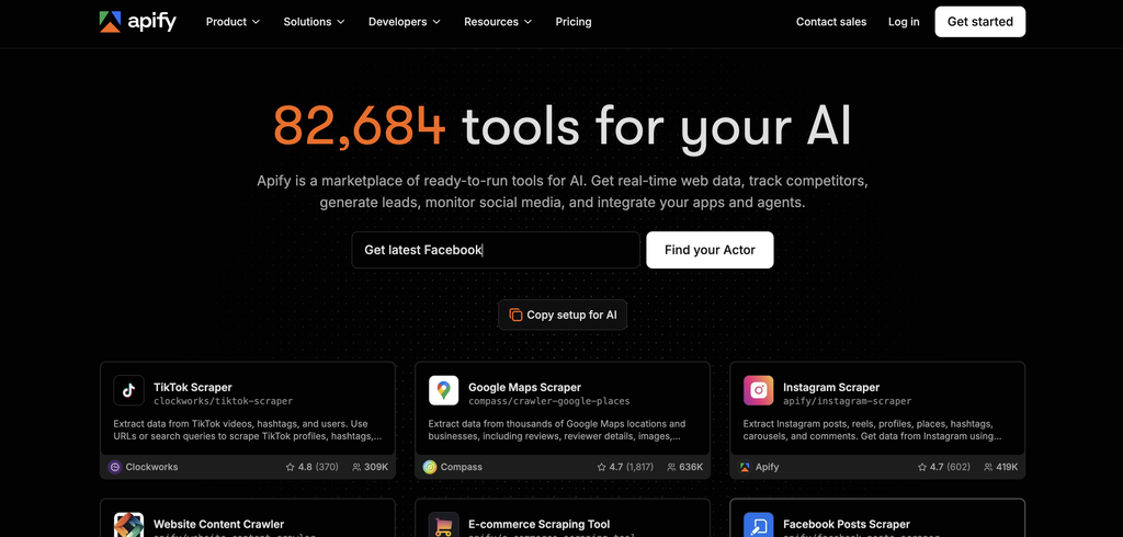 Apify homepage showing its marketplace of ready-made scraping tools for AI