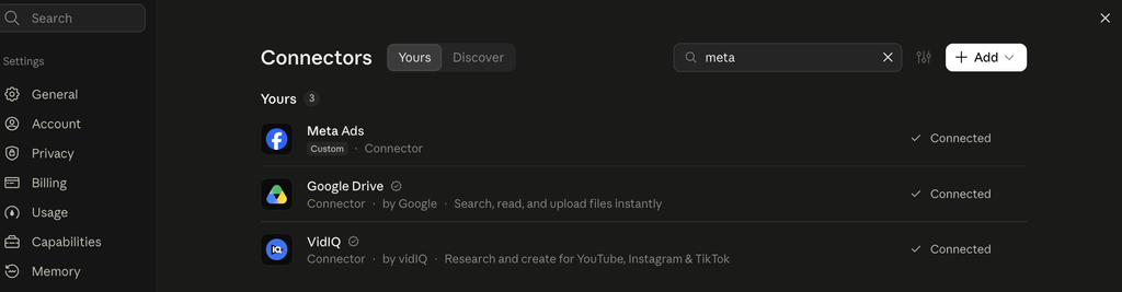 Claude connector settings showing Meta Ads connected