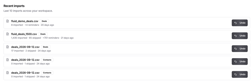 Recent imports list in Fluid CRM with an Undo button next to each import