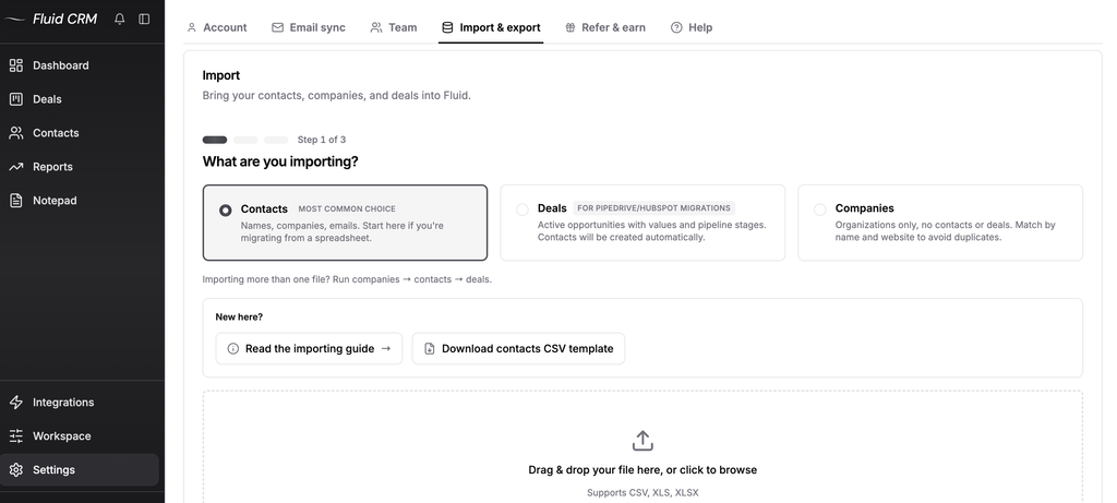 Fluid CRM import screen with a choice between contacts, deals and companies