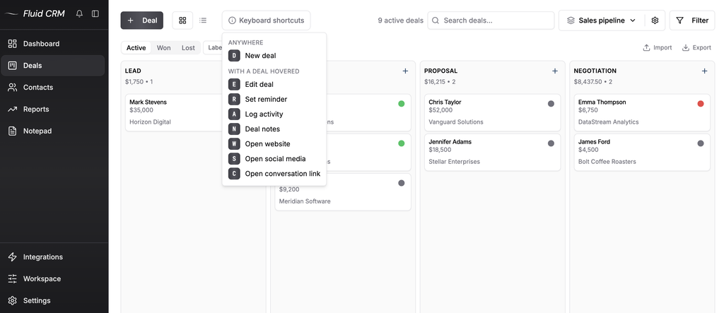 Fluid CRM keyboard shortcuts