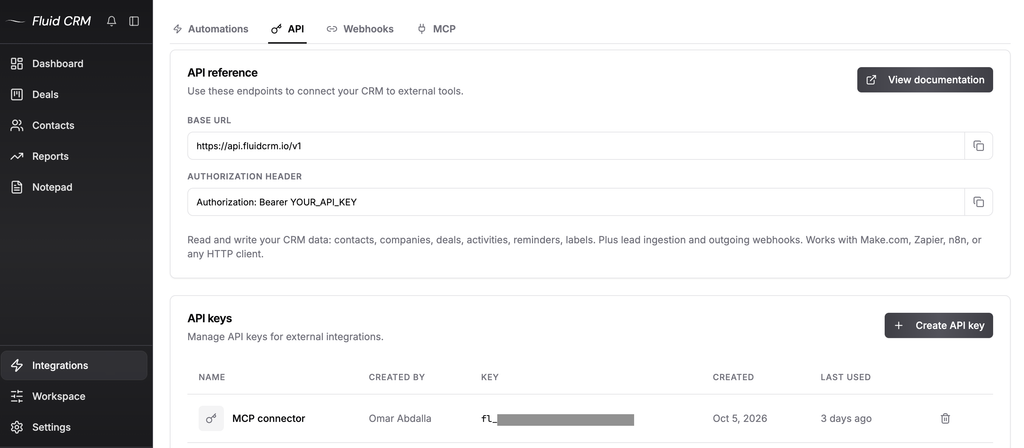 Fluid CRM API page