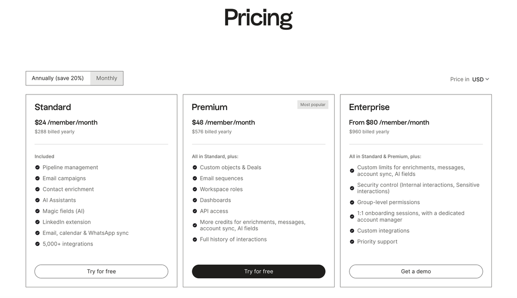 folk CRM pricing page