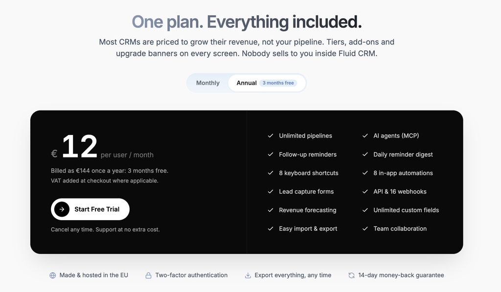 Fluid CRM pricing section