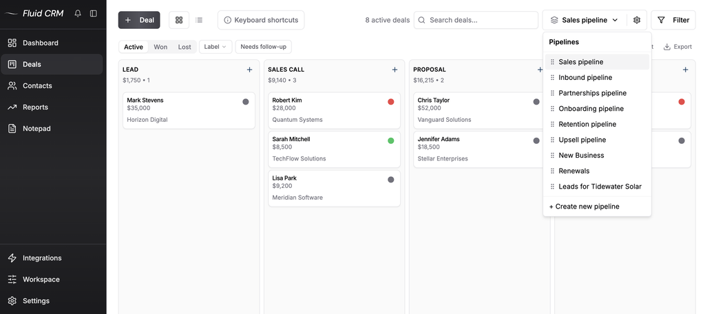 Fluid CRM pipeline menu listing separate pipelines, including New Business, Renewals and one for a client's leads