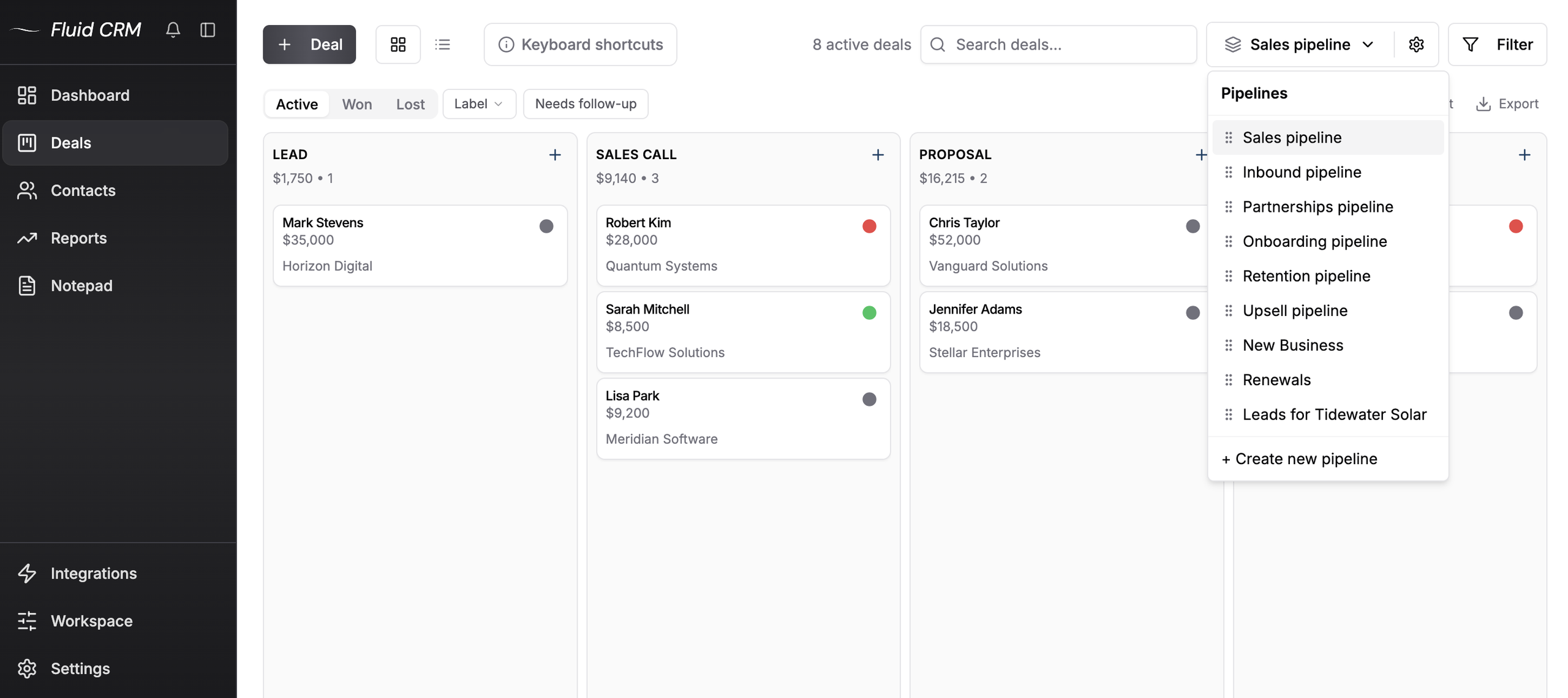 Fluid CRM sales pipeline board with the pipelines menu open, listing nine pipelines and a button to create a new one