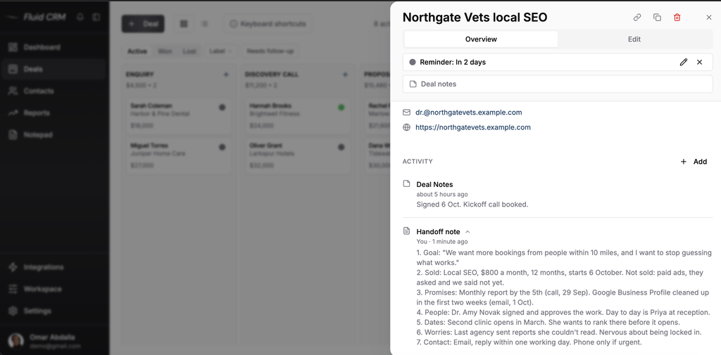 Fluid CRM deal for a local SEO client showing a reminder and a seven line handoff note in the activity history