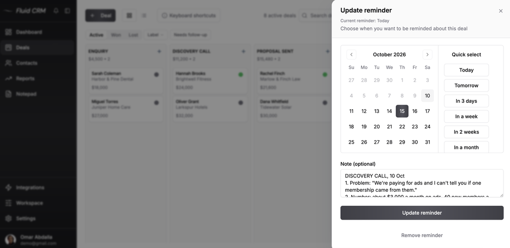 Fluid CRM Update reminder panel with a calendar date picked and discovery call notes typed in the note field