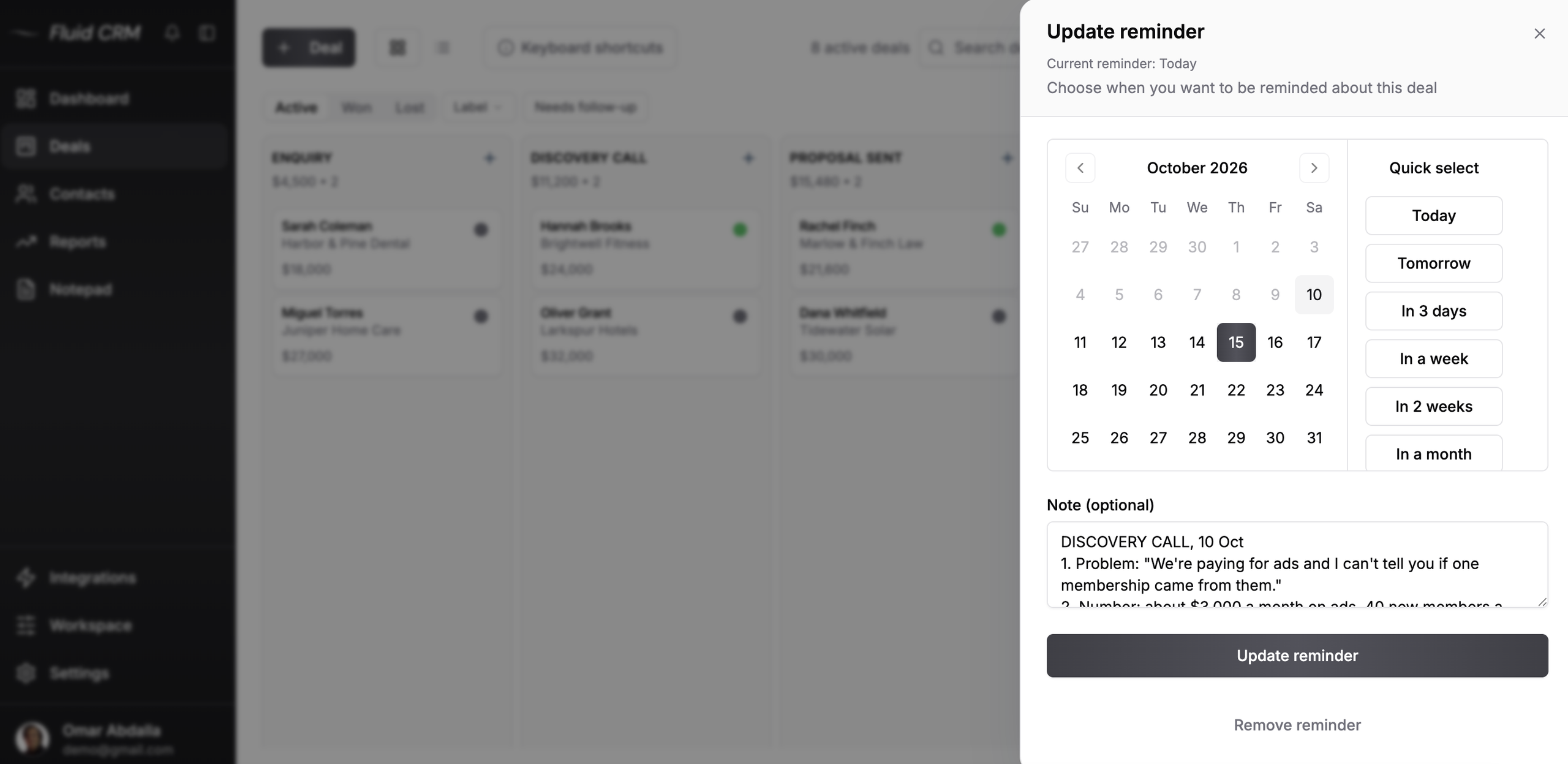 Fluid CRM update reminder screen with a calendar and quick picks from today to in a month