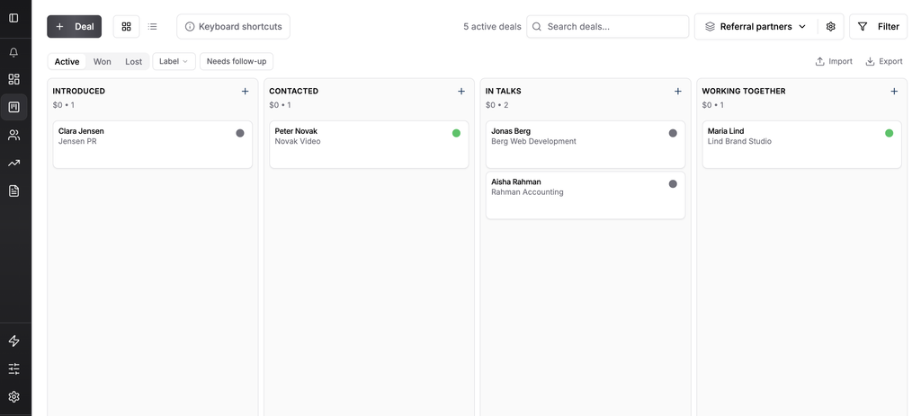 Fluid CRM Referral partners pipeline with four stages from Introduced to Working together