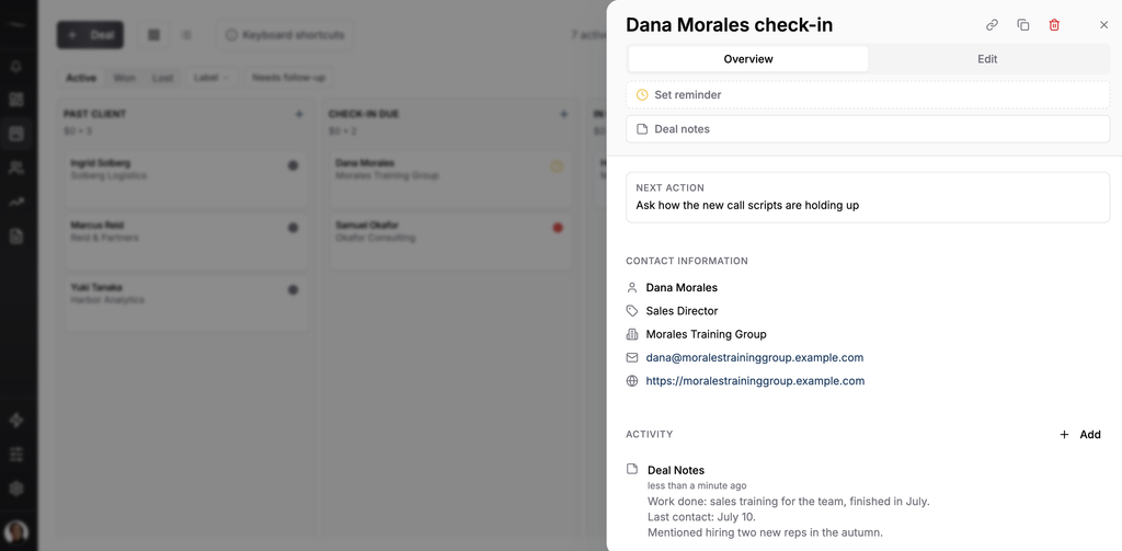Fluid CRM past client check-in deal with a next action, contact details and deal notes on work done and last contact