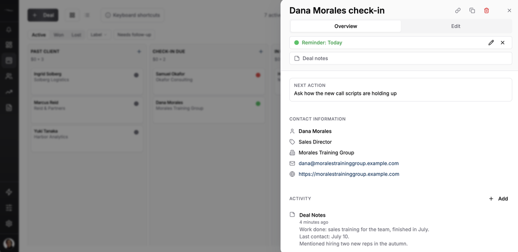 Fluid CRM client check-in deal showing a reminder due today, the next action, contact details and the last deal note