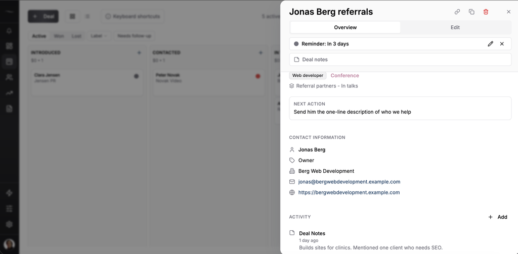 Fluid CRM referral partner deal showing a reminder in 3 days, labels, the next action, contact details and deal notes