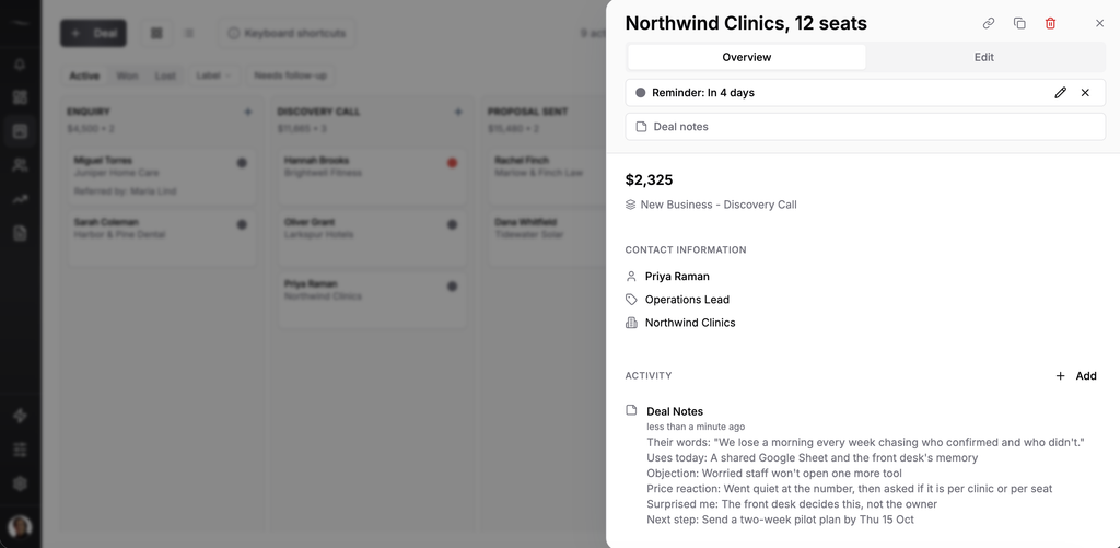 An open deal in Fluid CRM in the Discovery call stage with a six-line sales note and a reminder set