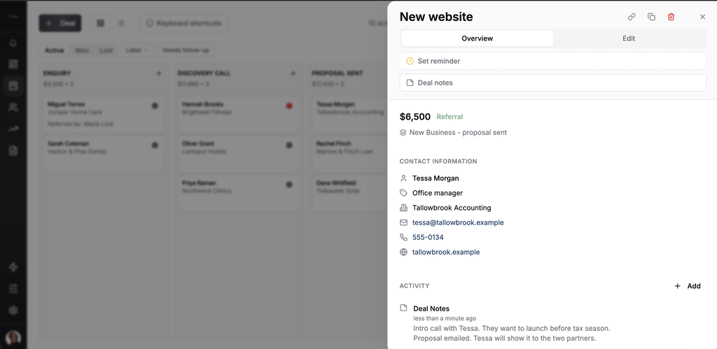 An open deal in Fluid CRM showing the contact, company, value and notes saved in the CRM database