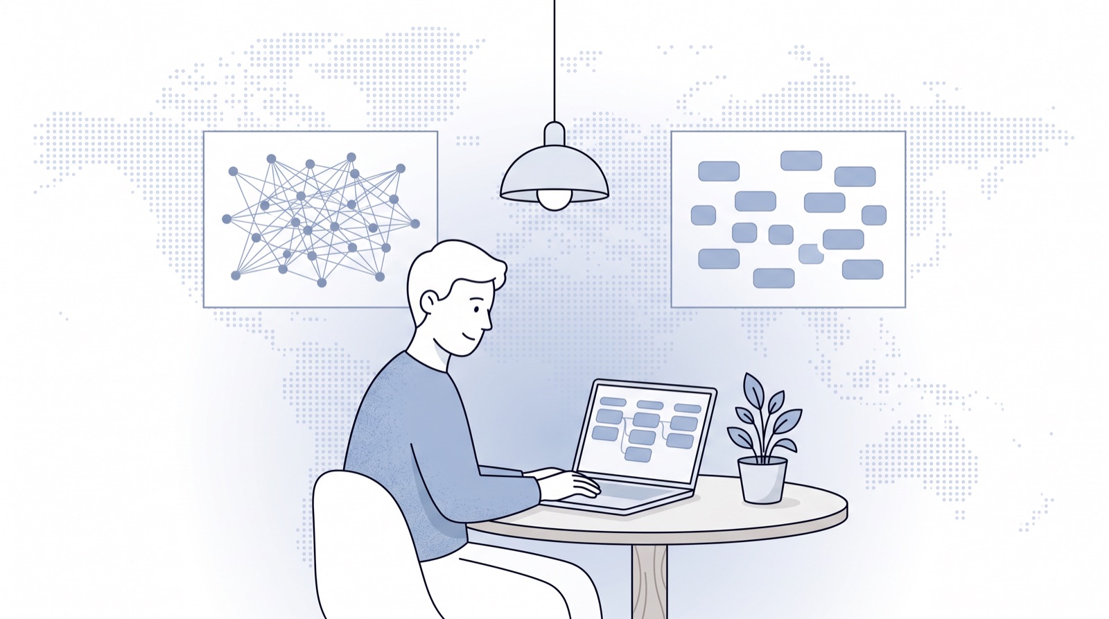 Fluid CRM editorial illustration of a founder weighing Affinity vs Attio, a relationship map against a CRM database