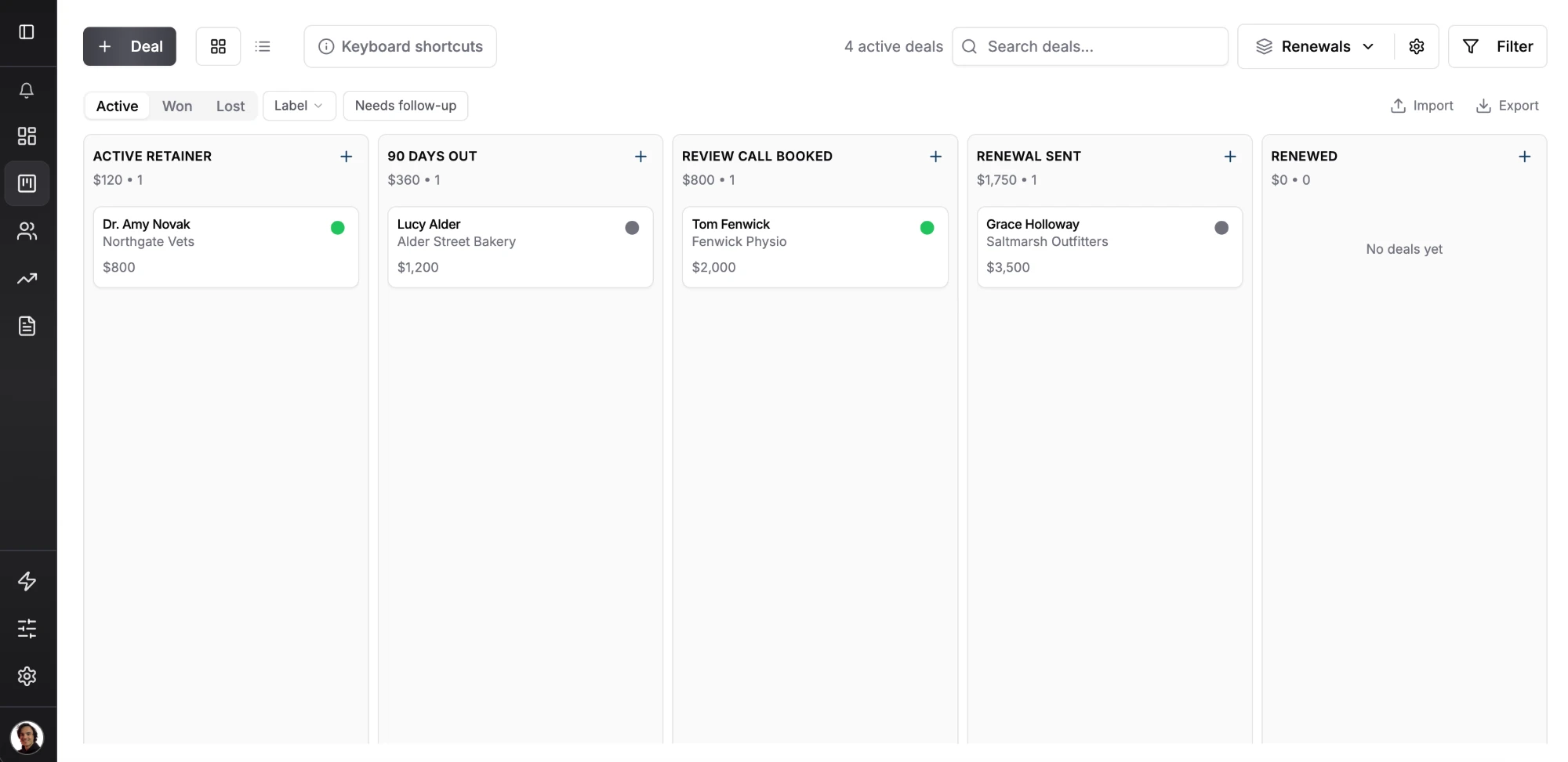 Fluid CRM renewals pipeline with five stages, one of several pipelines in the same workspace