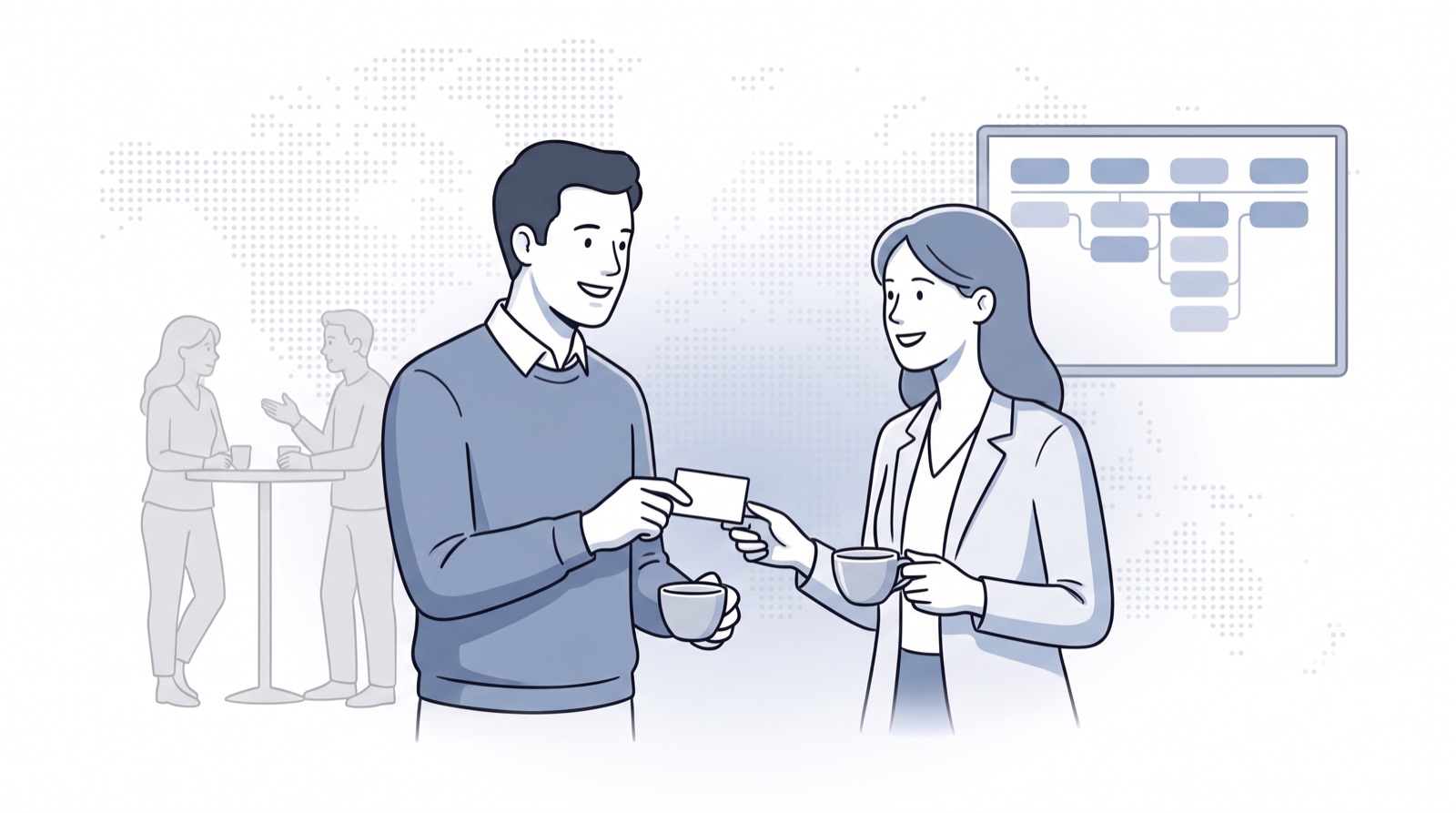 Fluid CRM editorial illustration of an agency owner handing a card to a possible client at a meetup for agency lead generation