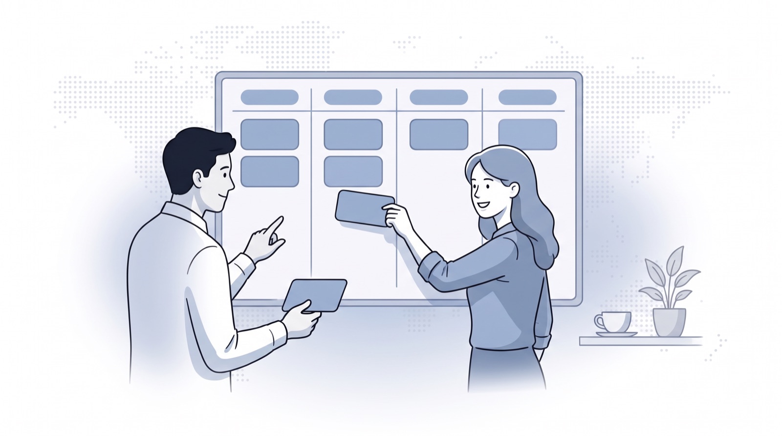 Fluid CRM editorial illustration of two agency partners moving deal cards across a four-stage agency sales pipeline