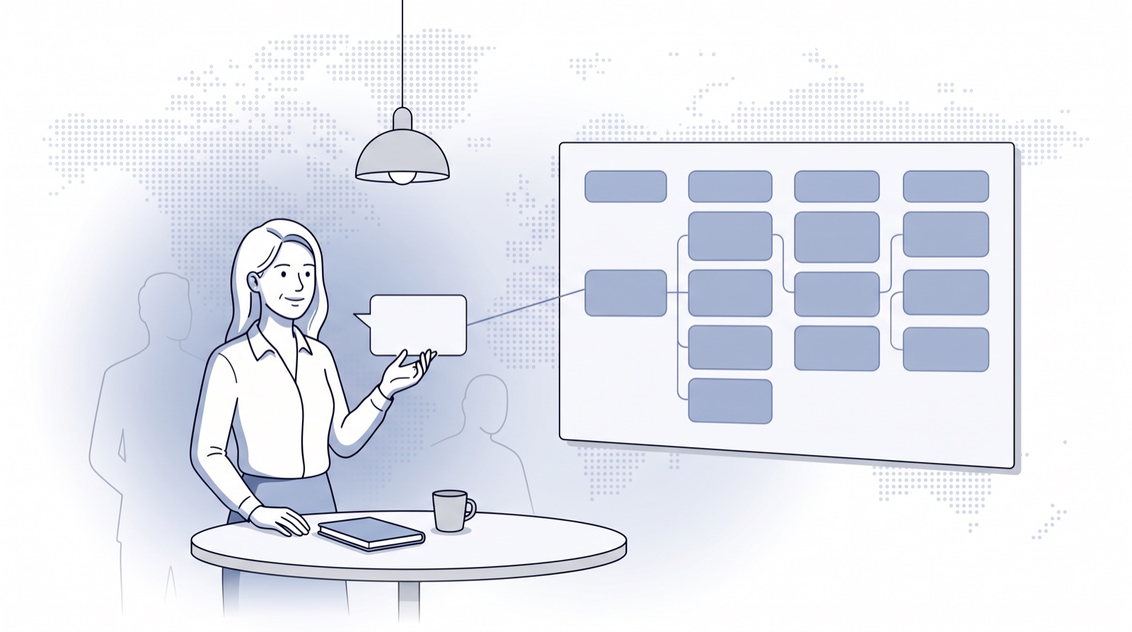 Fluid CRM editorial illustration of a founder updating a pipeline board through an assistant, AI native CRM