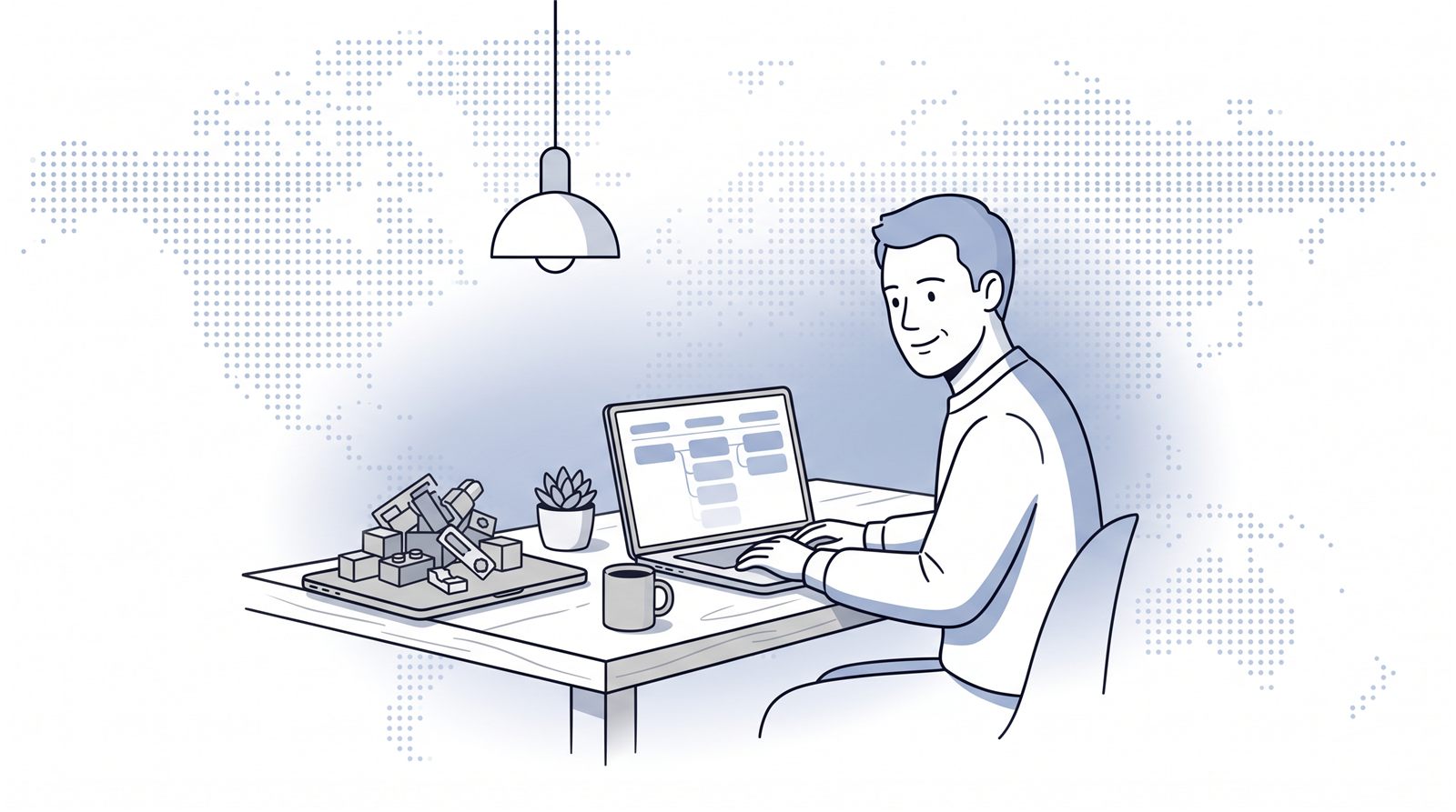 Fluid CRM editorial illustration of a founder working in a simple pipeline, one of the best Attio alternatives