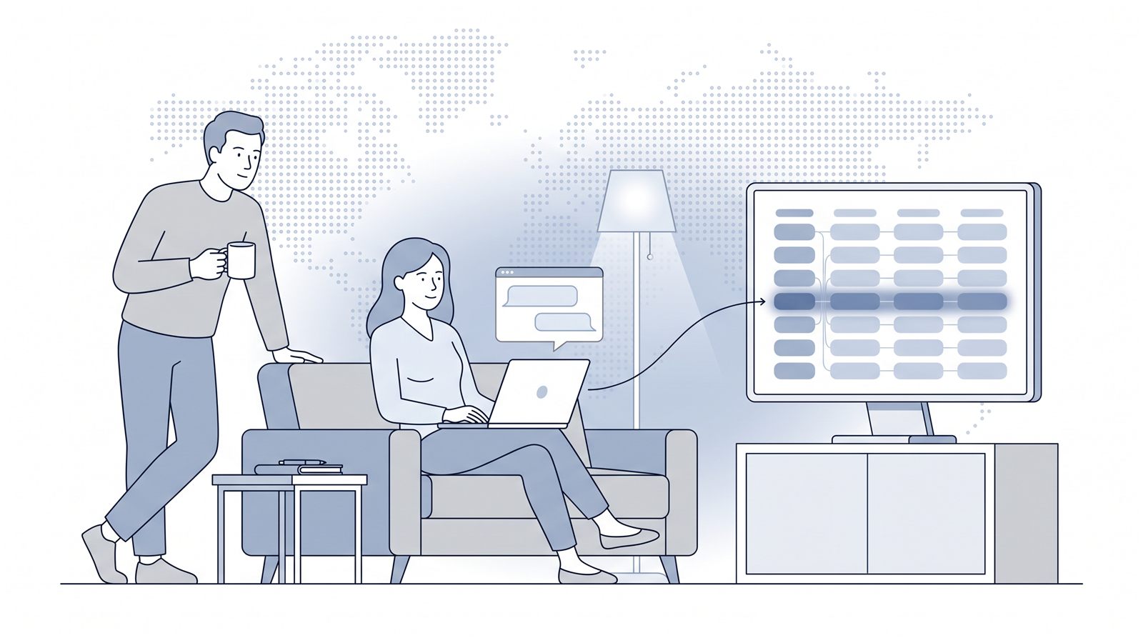 Fluid CRM editorial illustration of a woman asking an AI assistant to update a CRM table, Attio MCP