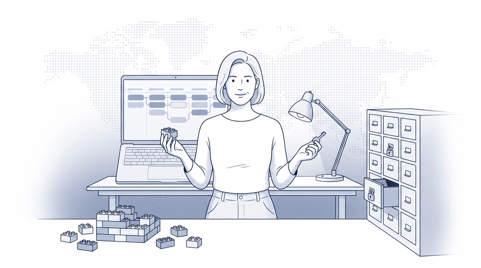 Fluid CRM editorial illustration of a founder weighing building blocks against a locked cabinet, Attio vs HubSpot