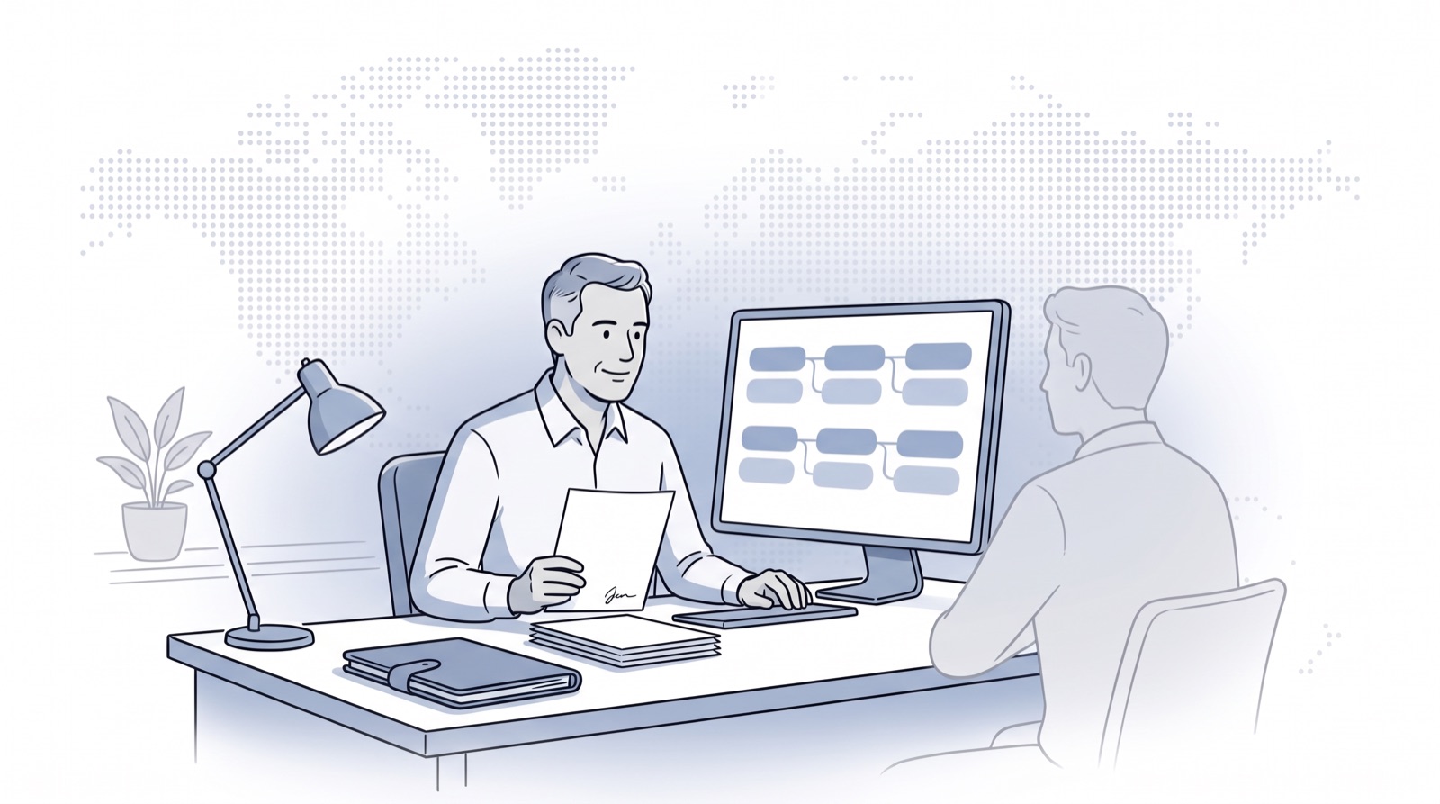 Fluid CRM editorial illustration of a business broker tracking listings and buyers on two linked pipelines