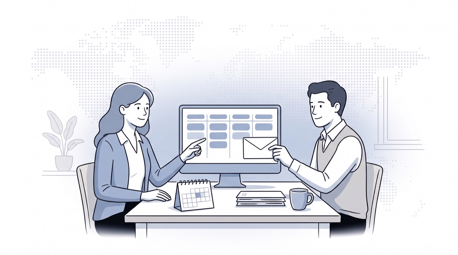 Fluid CRM editorial illustration of two CPA firm partners adding a new client to a sales pipeline on screen