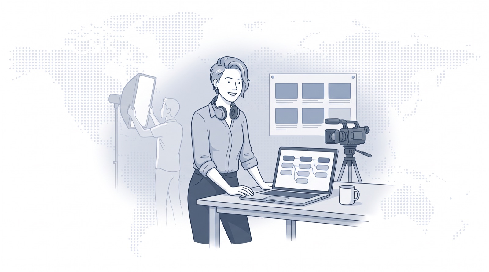 Fluid CRM editorial illustration of a studio producer checking her pipeline between shoots, best CRM for creative agencies