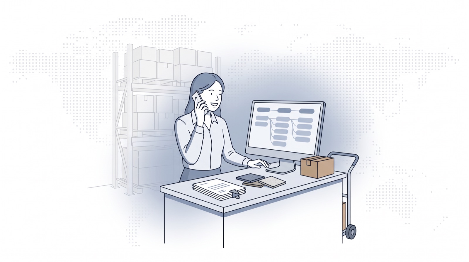 Fluid CRM editorial illustration of a distributor sales rep on the phone checking a quote pipeline, CRM for manufacturers