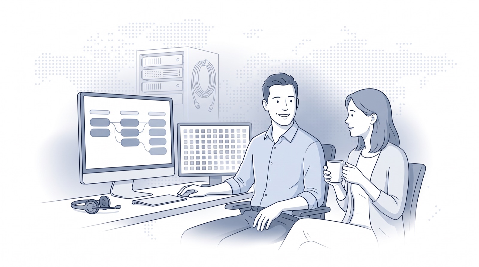 Fluid CRM editorial illustration of an MSP owner showing a sales pipeline beside a service queue screen, best CRM for MSPs