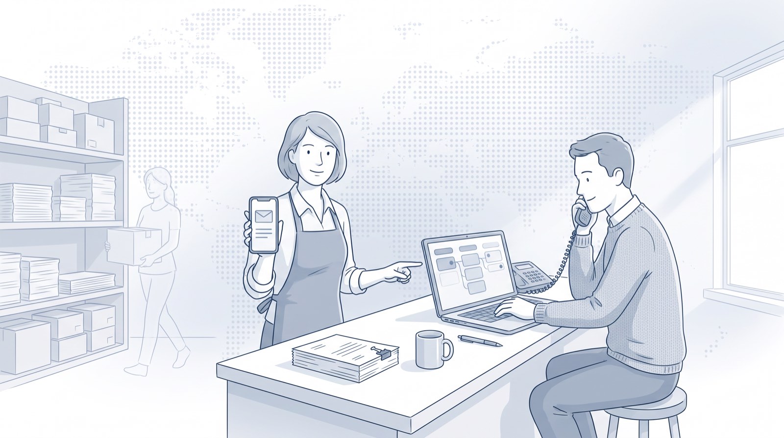Fluid CRM editorial illustration of a shop owner pointing a colleague to a follow-up, best crm for small business