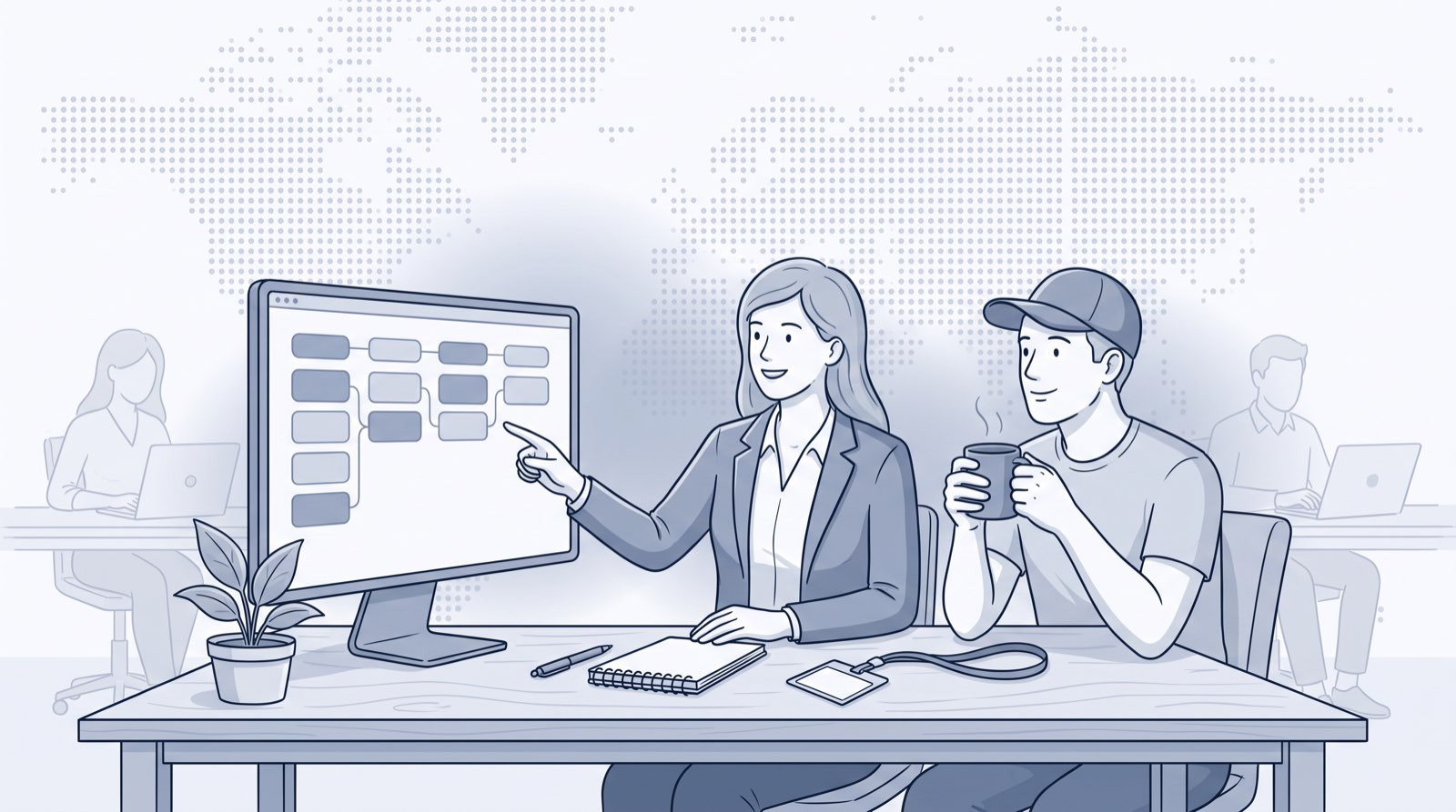 Fluid CRM editorial illustration of a team lead showing a new rep the shared pipeline, best CRM for small sales teams