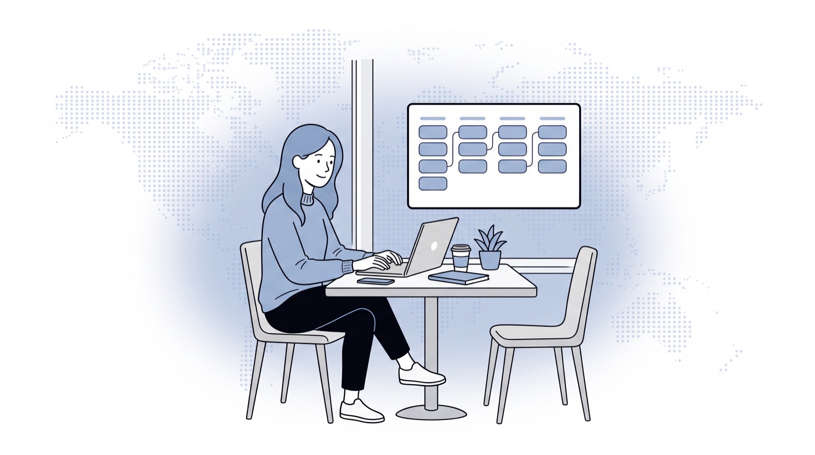 Fluid CRM editorial illustration of a solopreneur working alone at a cafe table with one simple pipeline, CRM for solopreneurs