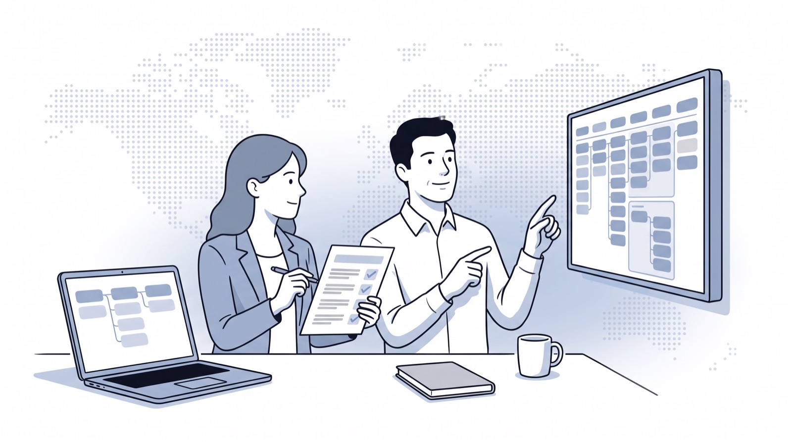 Fluid CRM editorial illustration of two people comparing a small pipeline with a larger CRM, Bigin vs Zoho CRM