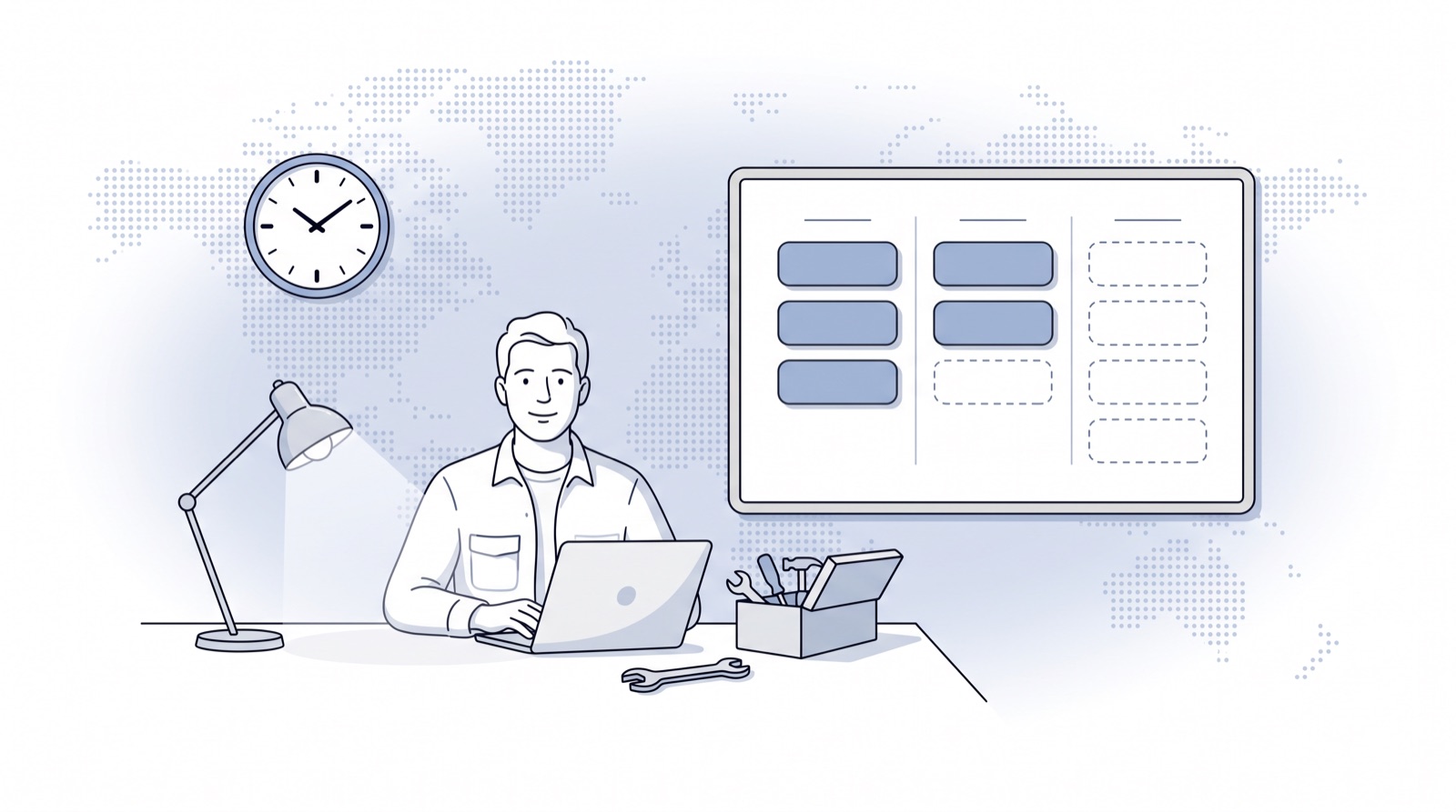Fluid CRM editorial illustration of a founder at a workbench with a half-built pipeline board, build your own CRM