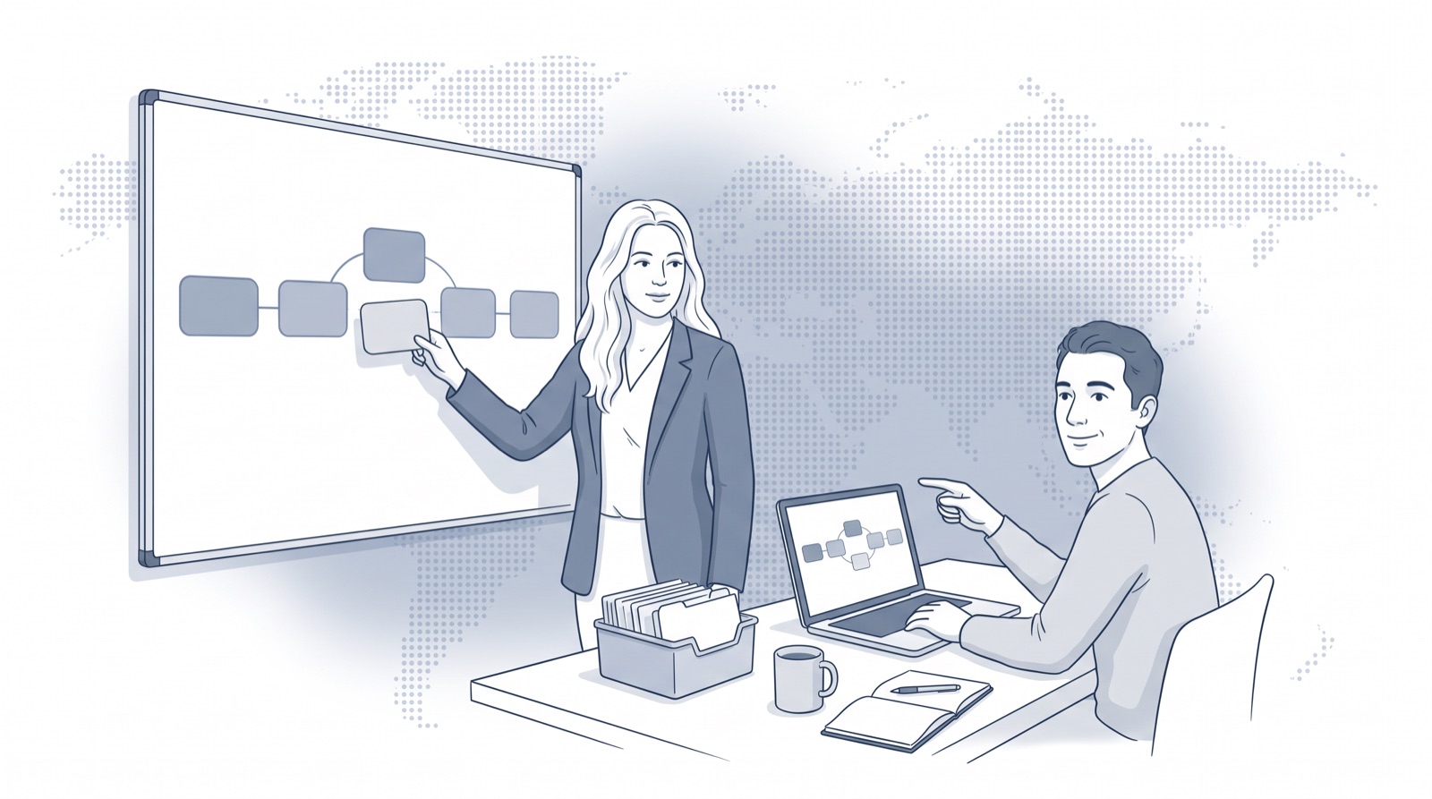 Fluid CRM editorial illustration of a team moving contact cards onto a two-row pipeline, capsule crm alternatives